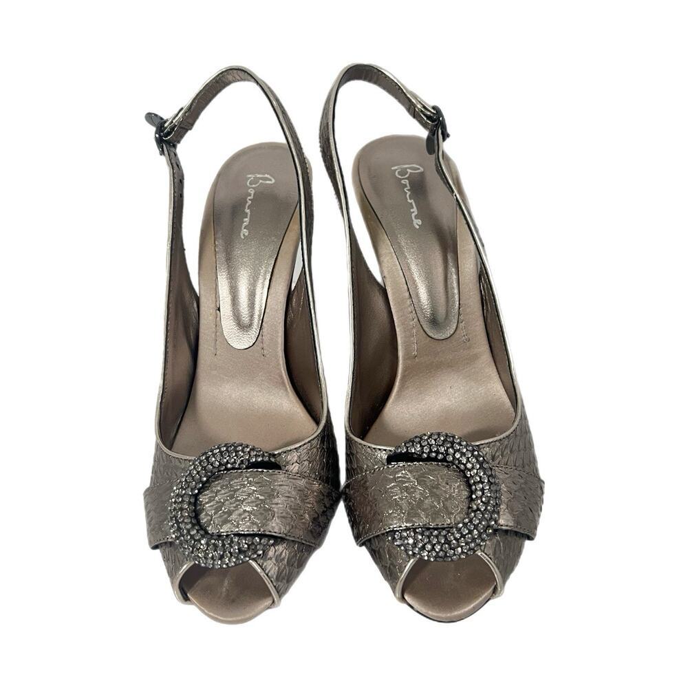 BOURNE Stunning Rhinestones Slingback Leather Shoes 40 US 9 Silver Open Toe